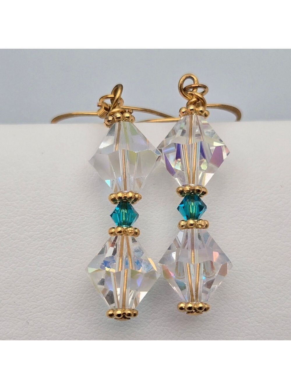 Swarovski Like Crystal Dangle Earrings Handcrafted Turquoise Accents Gold Tone
